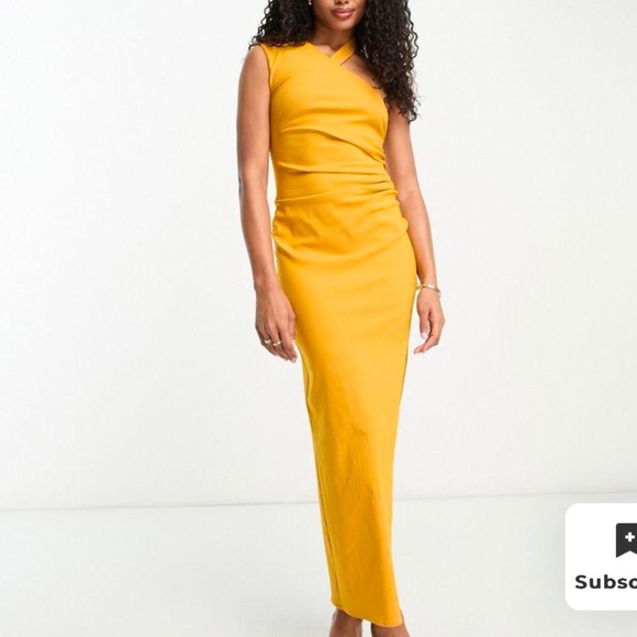 ASOS DESIGN Women’s Mustard Yellow One Shoulder Wrap Neck Bodycon Midi Dress NEW - Picture 1 of 3